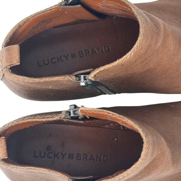 Lucky Brand Basel Bootie Women’s 8 Brown Leather Ankle Boots Zip Block Heel - Picture 9 of 12